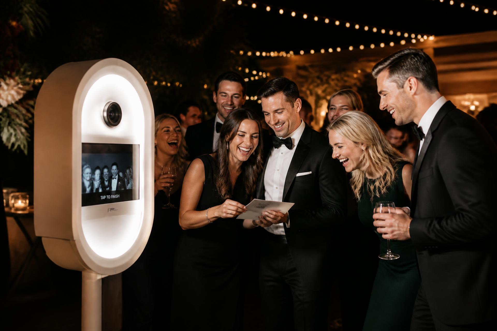 Guests in formal attire laughing together around a modern open-air photo booth at a Metro Detroit wedding reception
